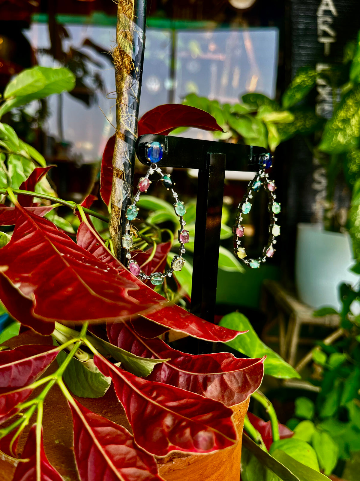 Exquisite Earrings with Rubies, Sapphires, Emeralds, and Diamonds in 92.5 Silver with Black Rhodium Coating