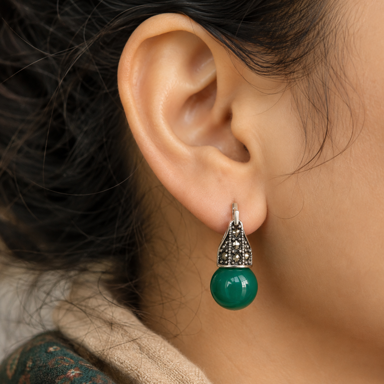 Green Amethyst in Silver Marcasite Earrings