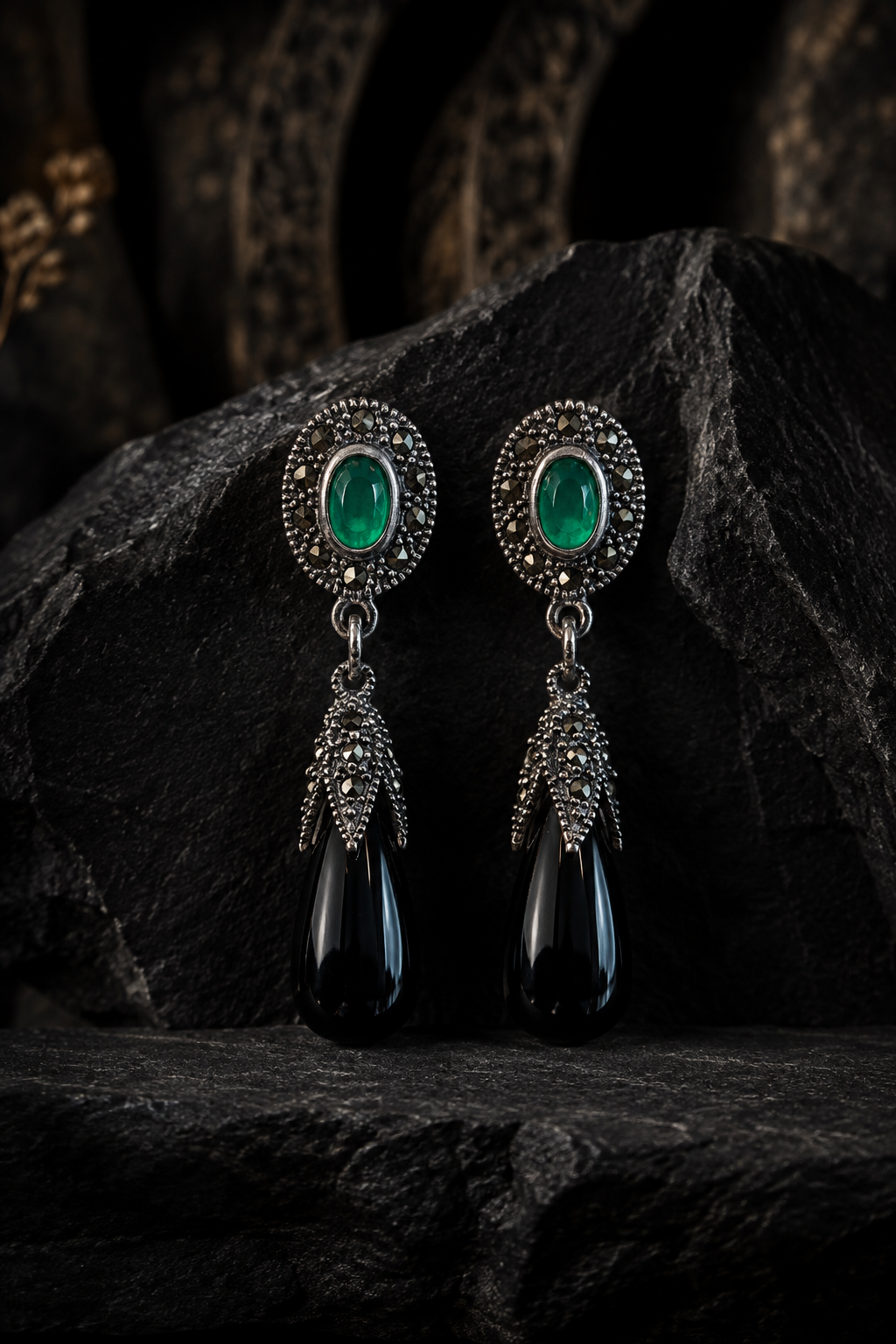 Silver Onyx Drop Earrings with Marcasite Halo