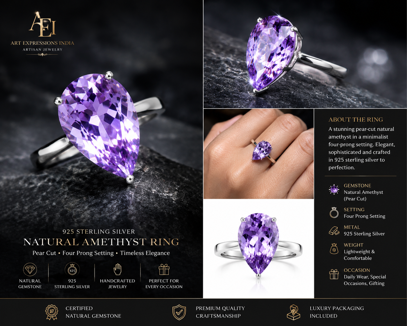 Amethyst Pearl-Shaped Ring in Silver Rhodium Finish