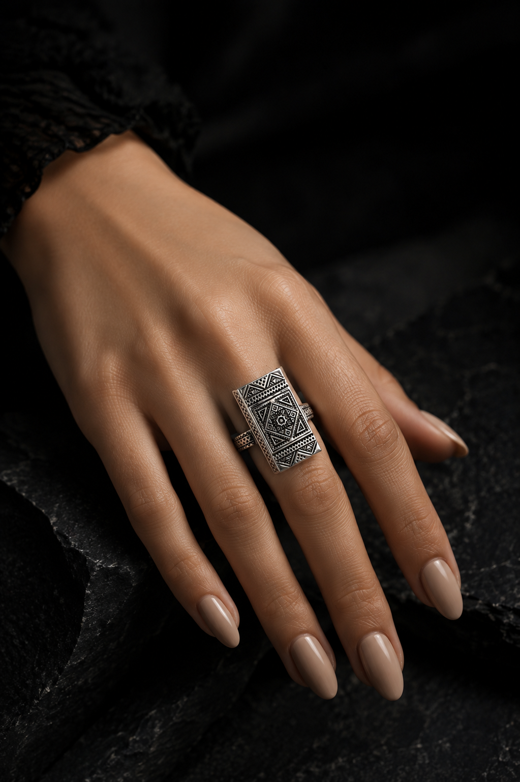 Silver Rectangle Ring with Tribal Engraving