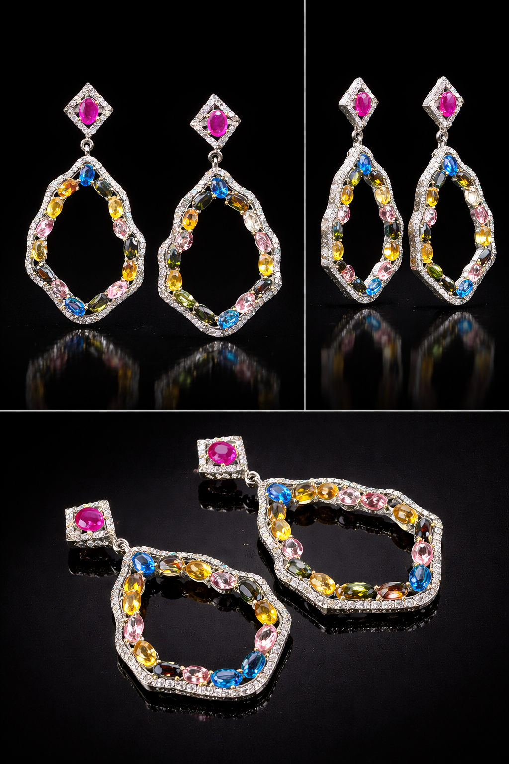 Exquisite Rubin-, Diamant- und Multi-Saphir-Ohrringe in Schwarzrhodium - 92.5 Silber
