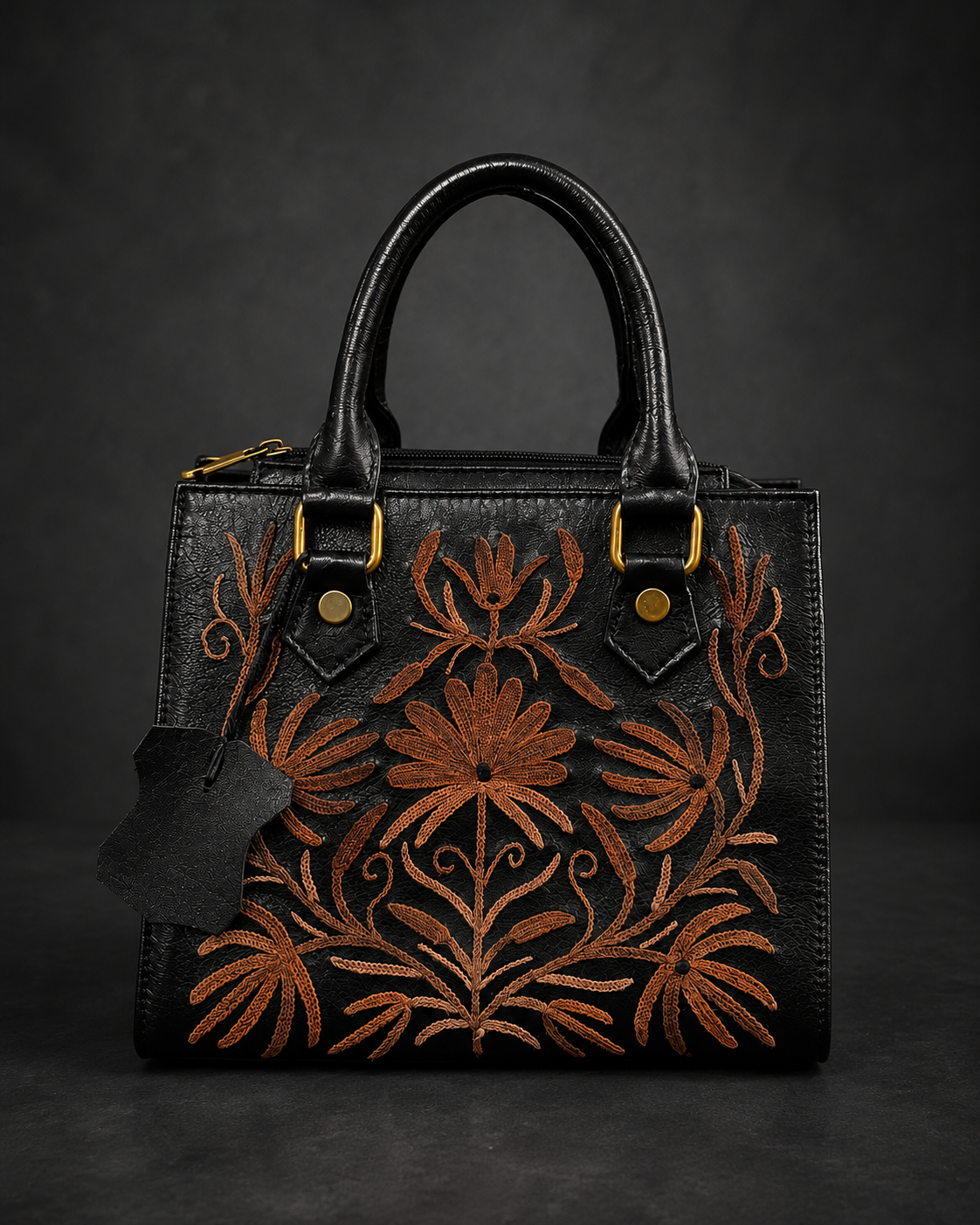 Luxury Black Leather Bag – Hand-Stitched with Exquisite Hand Embroidery