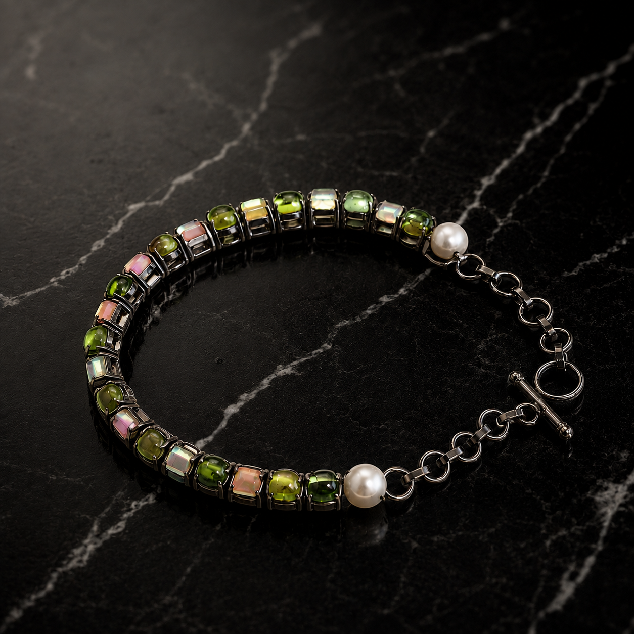 Silver Black Rhodium Fire Opal & Pearl Tennis Bracelet