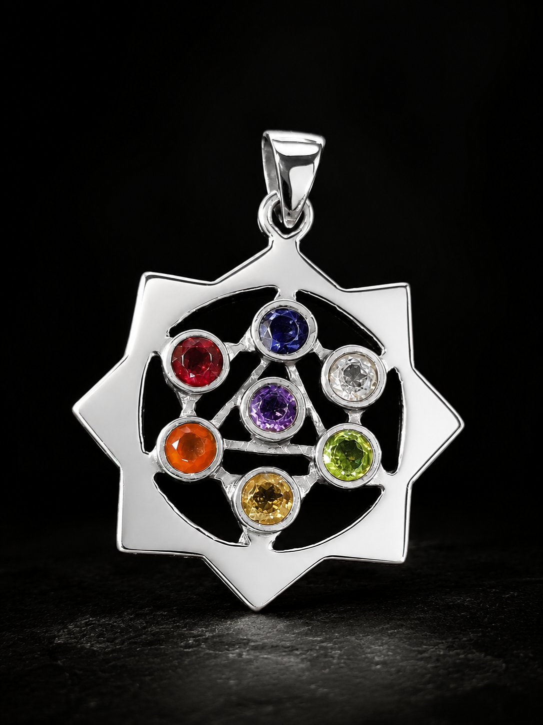 7 Chakras Silver Pendant with Seven Gemstones