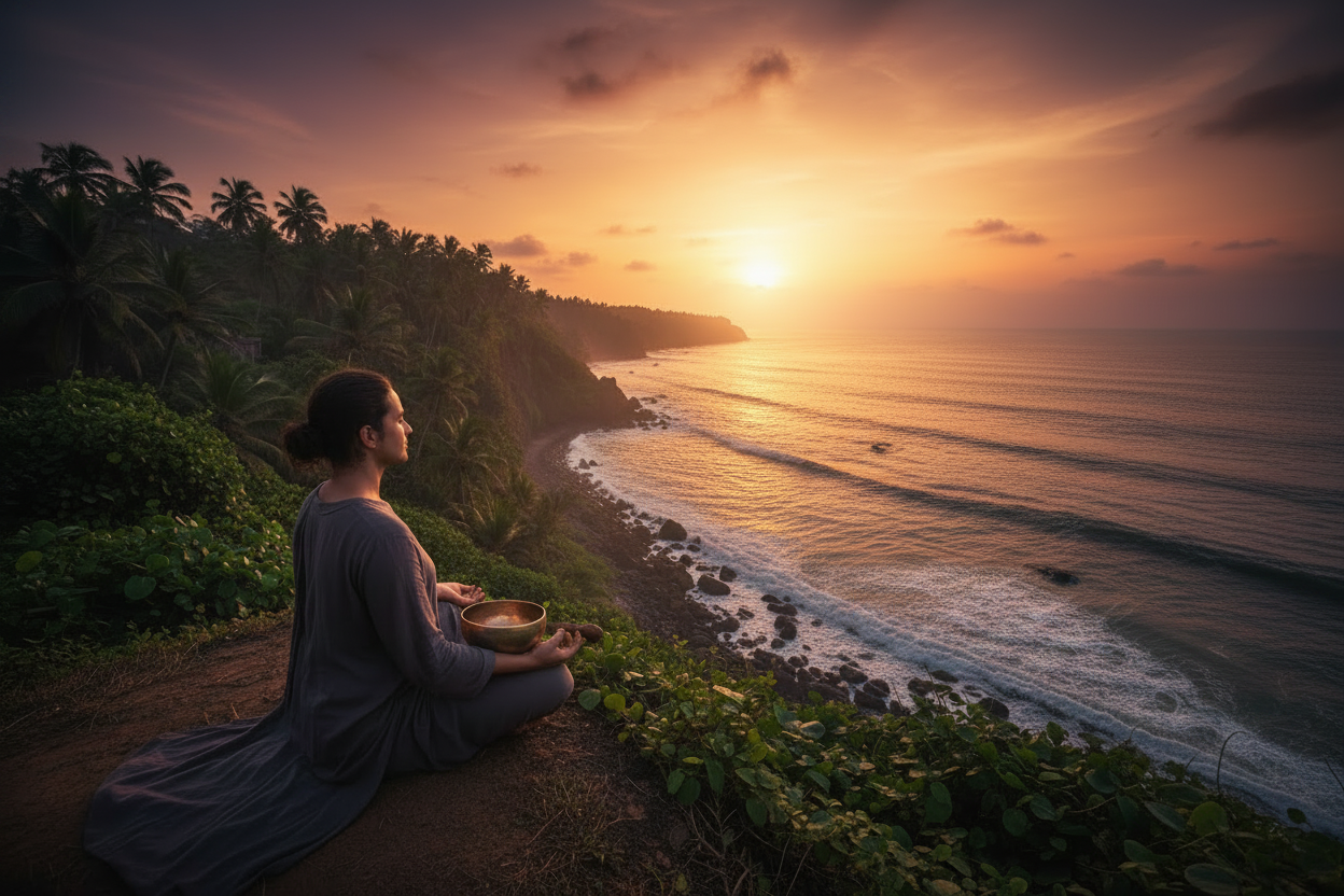 Woman meditating with singing bowl on Varkala Cliff