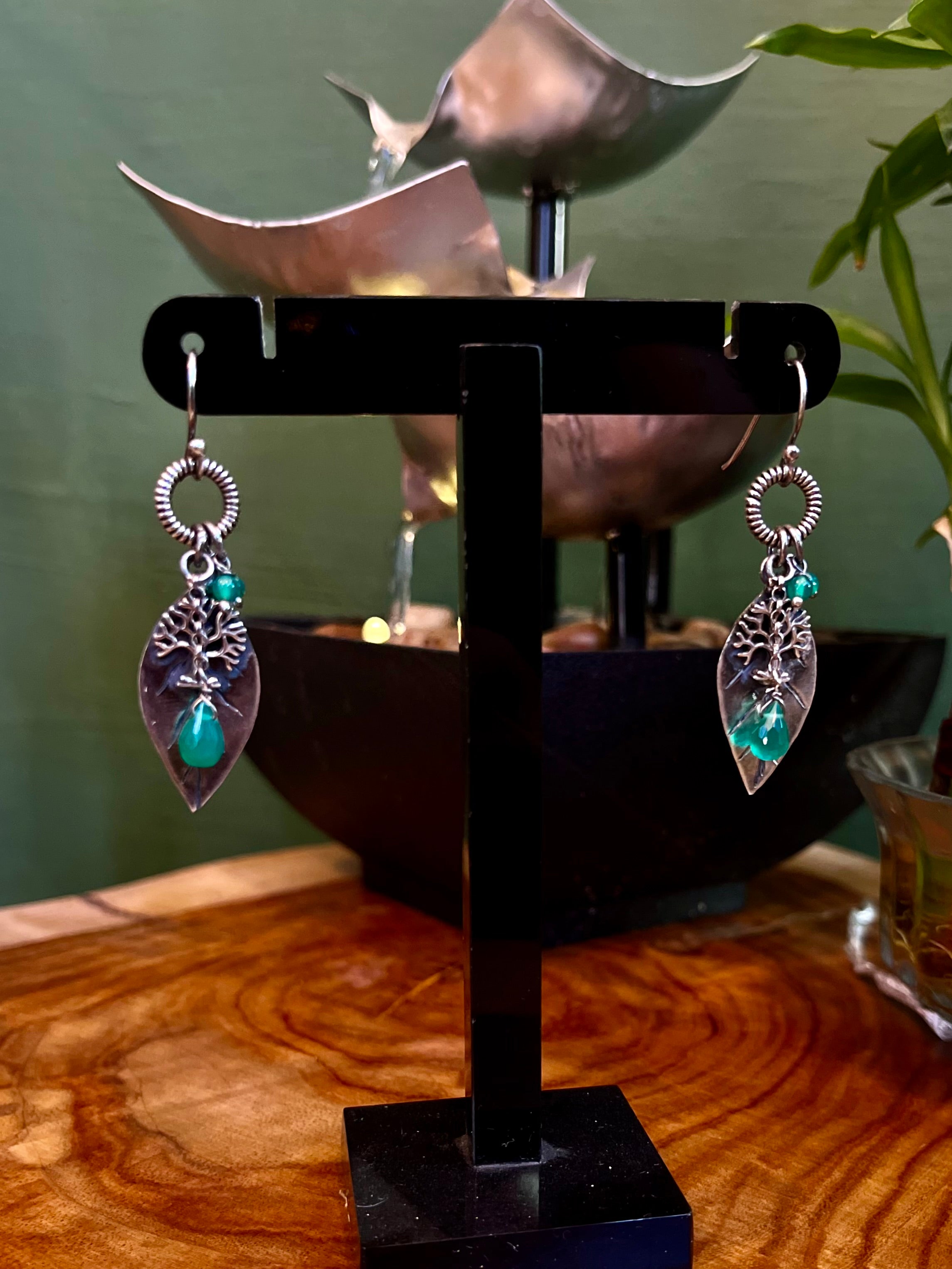Green Onyx Tree of Life on Silver Leaf Earrings - Boho Style Nature Inspirations