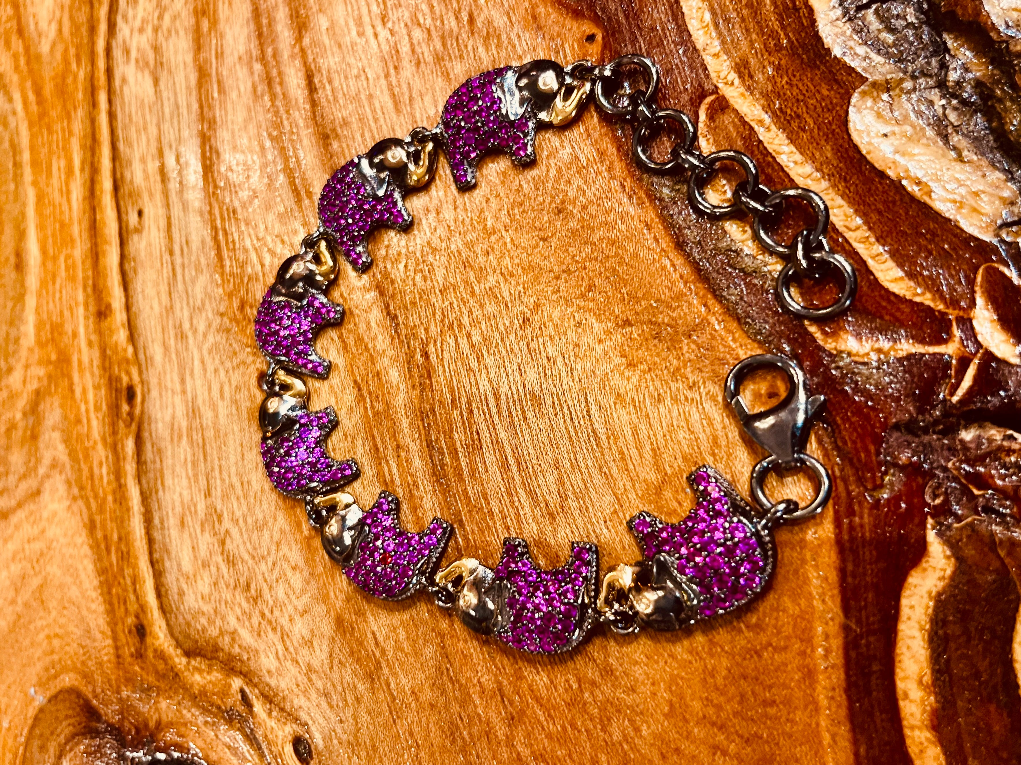 Elegant Ruby Elephant Bracelet in 92.5 Sterling Silver with Black Rhodium Coating
