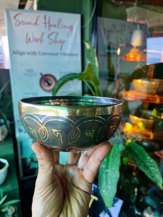 Hand-Hammered and Carved Seven Metals Singing Bowl - Hand Engraved Inside and Outside