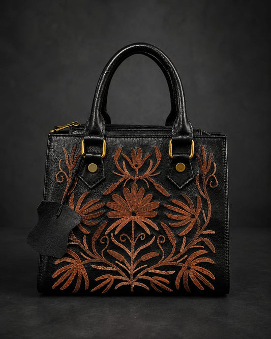 Luxury Black Leather Bag – Hand-Stitched with Exquisite Hand Embroidery