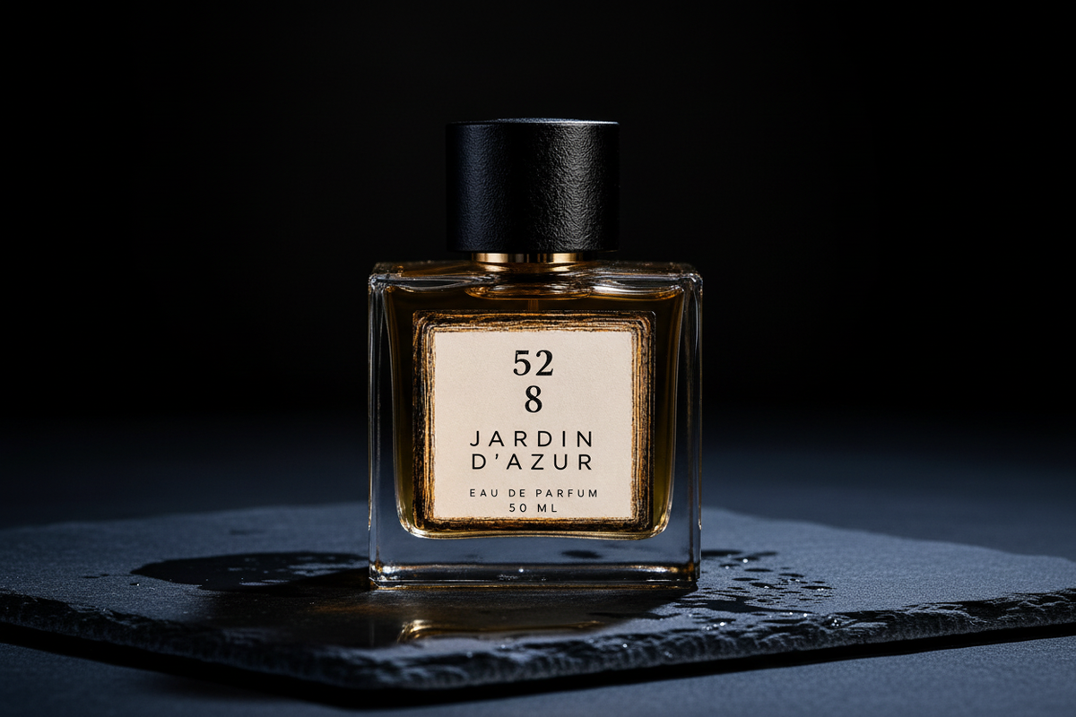 528 Perfume Jardin d'Azur original bottle on dark slate with midnight-blue shadows and water reflections