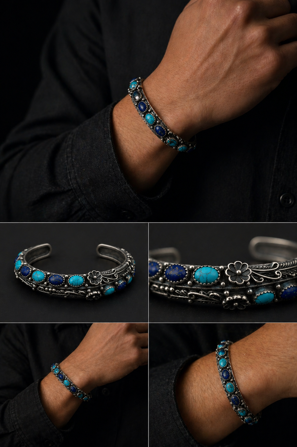 Exquisiter oxidierter Silberarmreif mit Lapislazuli & Türkis