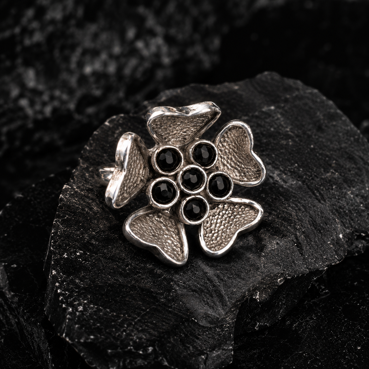 Black Onyx & Silver Leaf Ring — Handcrafted