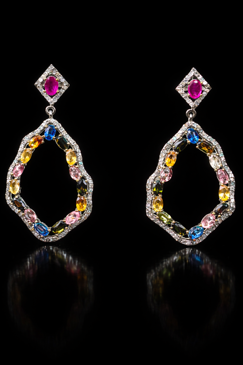 Exquisite Rubin-, Diamant- und Multi-Saphir-Ohrringe in Schwarzrhodium - 92.5 Silber
