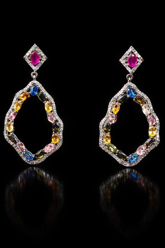 Exquisite Rubies, Diamonds, and Multi-Sapphire Earrings in Black Rhodium - 92.5 Silver
