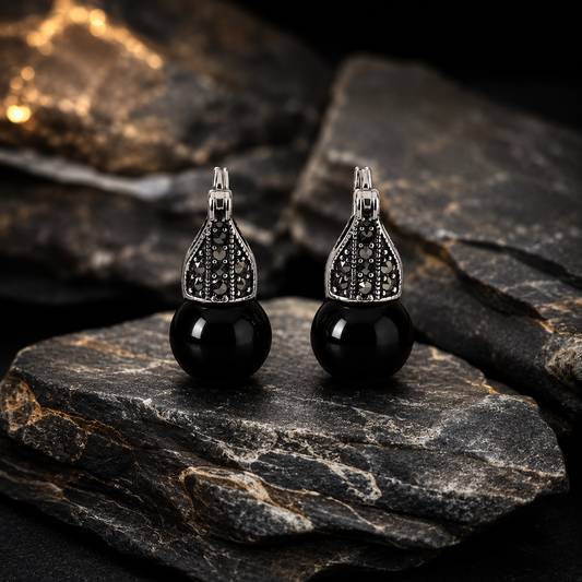 Black Onyx Marcasite Earrings in Silver