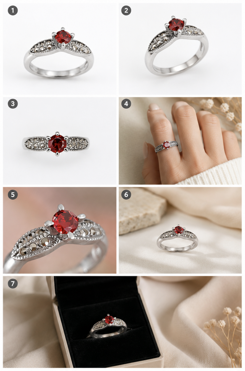 Red Garnet Crown Ring in Silver & Marcasite
