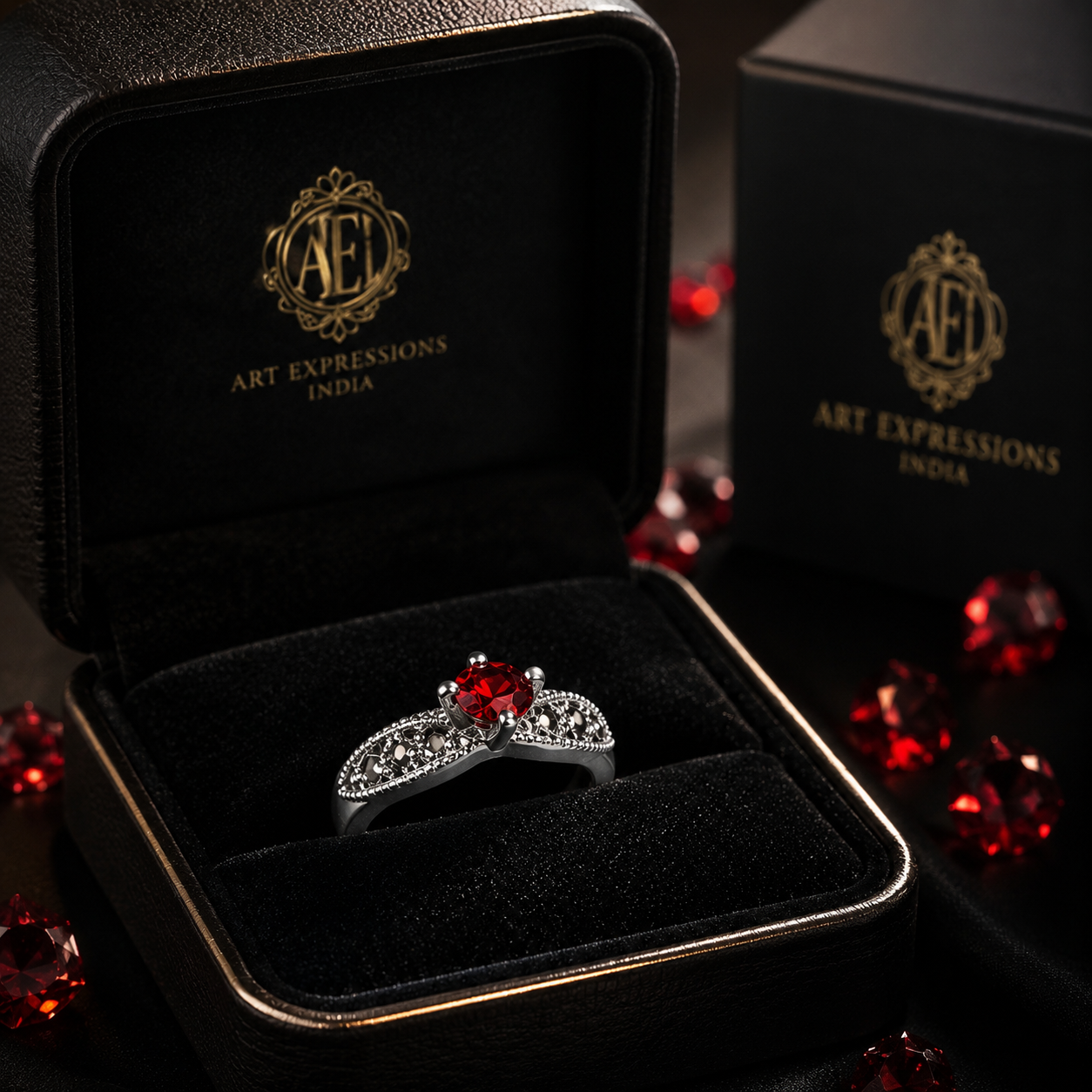 Red Garnet Crown Ring in Silver & Marcasite