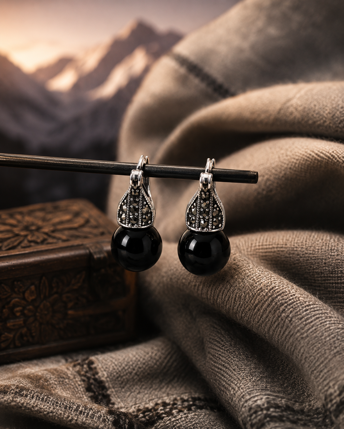 Black Onyx Marcasite Earrings in Silver