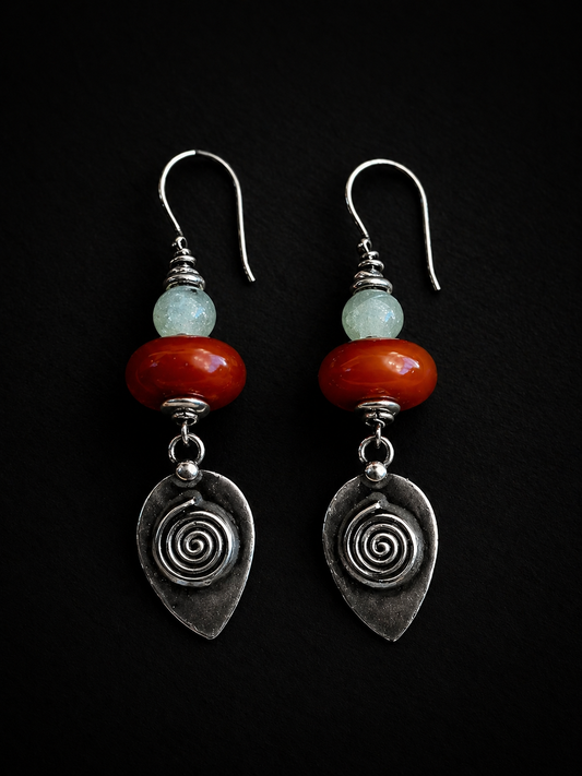 Elegant Spiral Earrings with Carnelian and Aquamarine Stones
