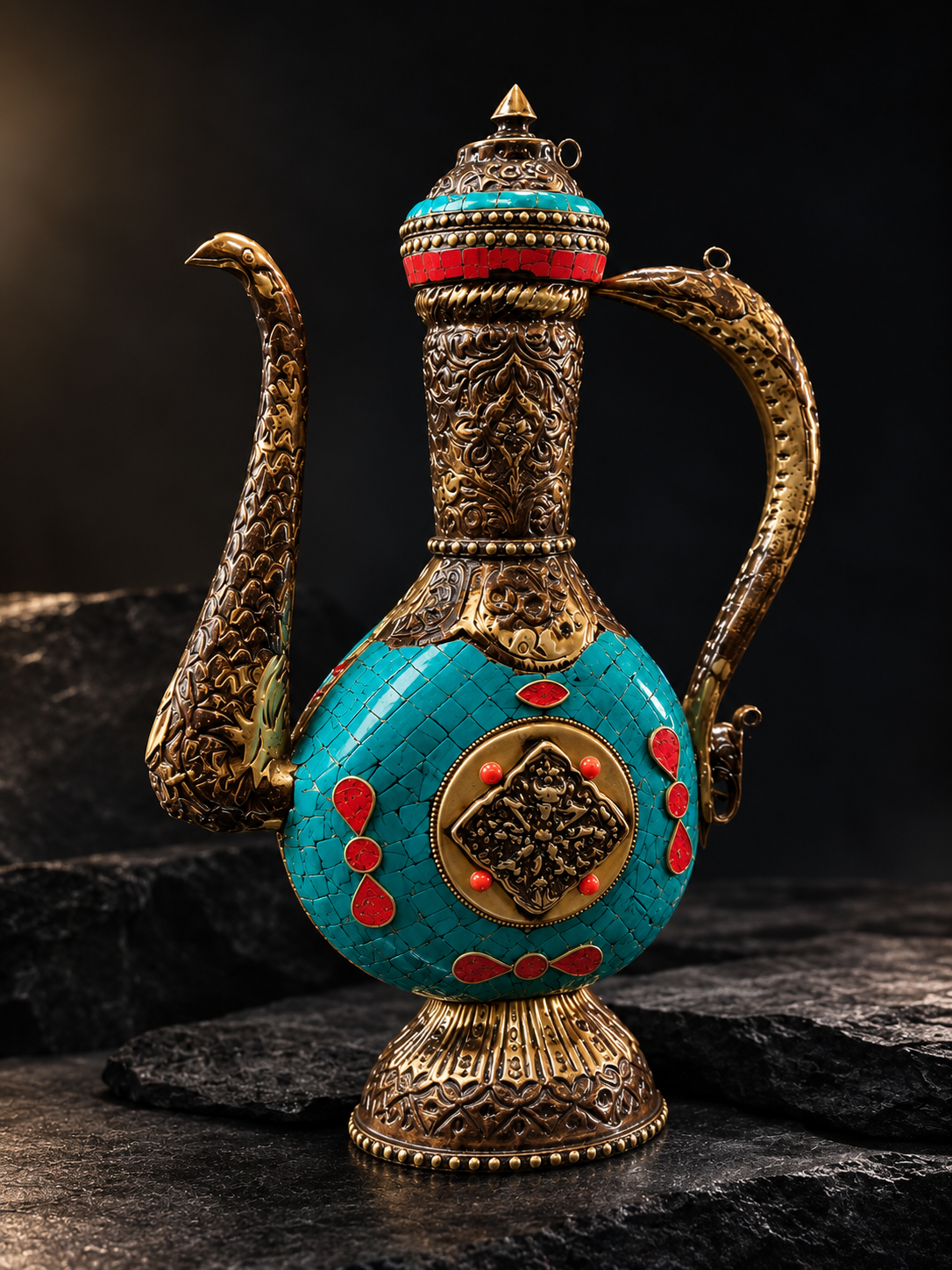 Tibetan Turquoise & Coral Ceremonial Ewer in Bronze