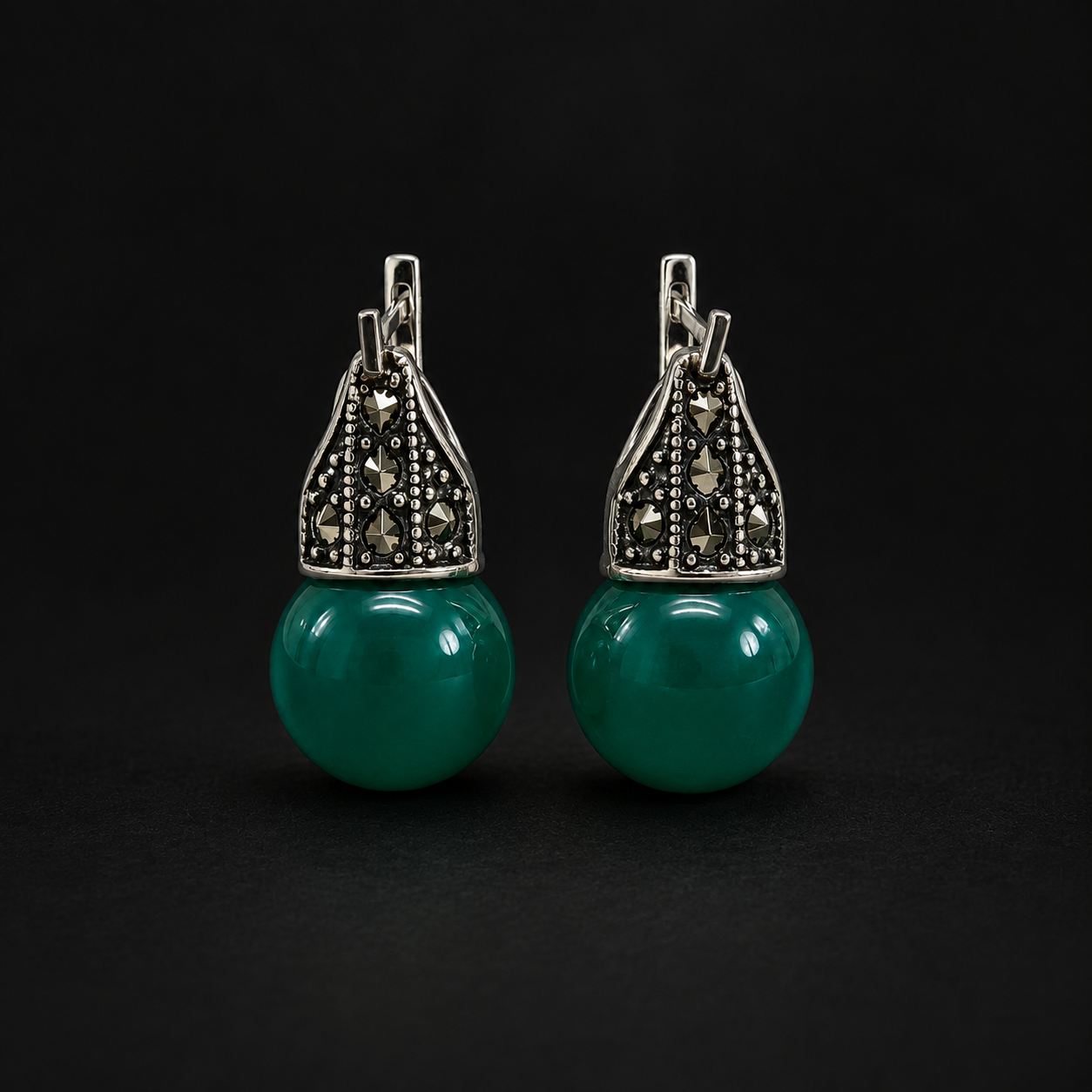 Green Amethyst in Silver Marcasite Earrings
