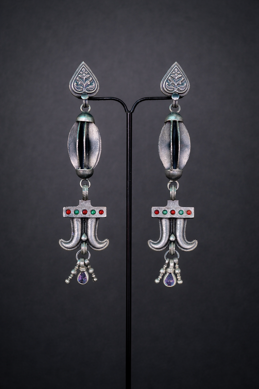 Antique Earrings with Rubies, Emeralds, and Amethysts in 92.5 Silver