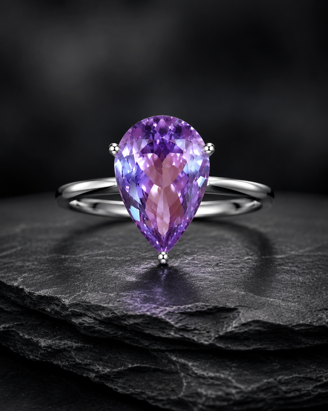 Amethyst Pearl-Shaped Ring in Silver Rhodium Finish