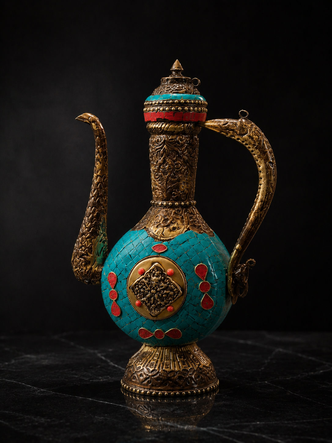 Tibetan Turquoise & Coral Ceremonial Ewer in Bronze