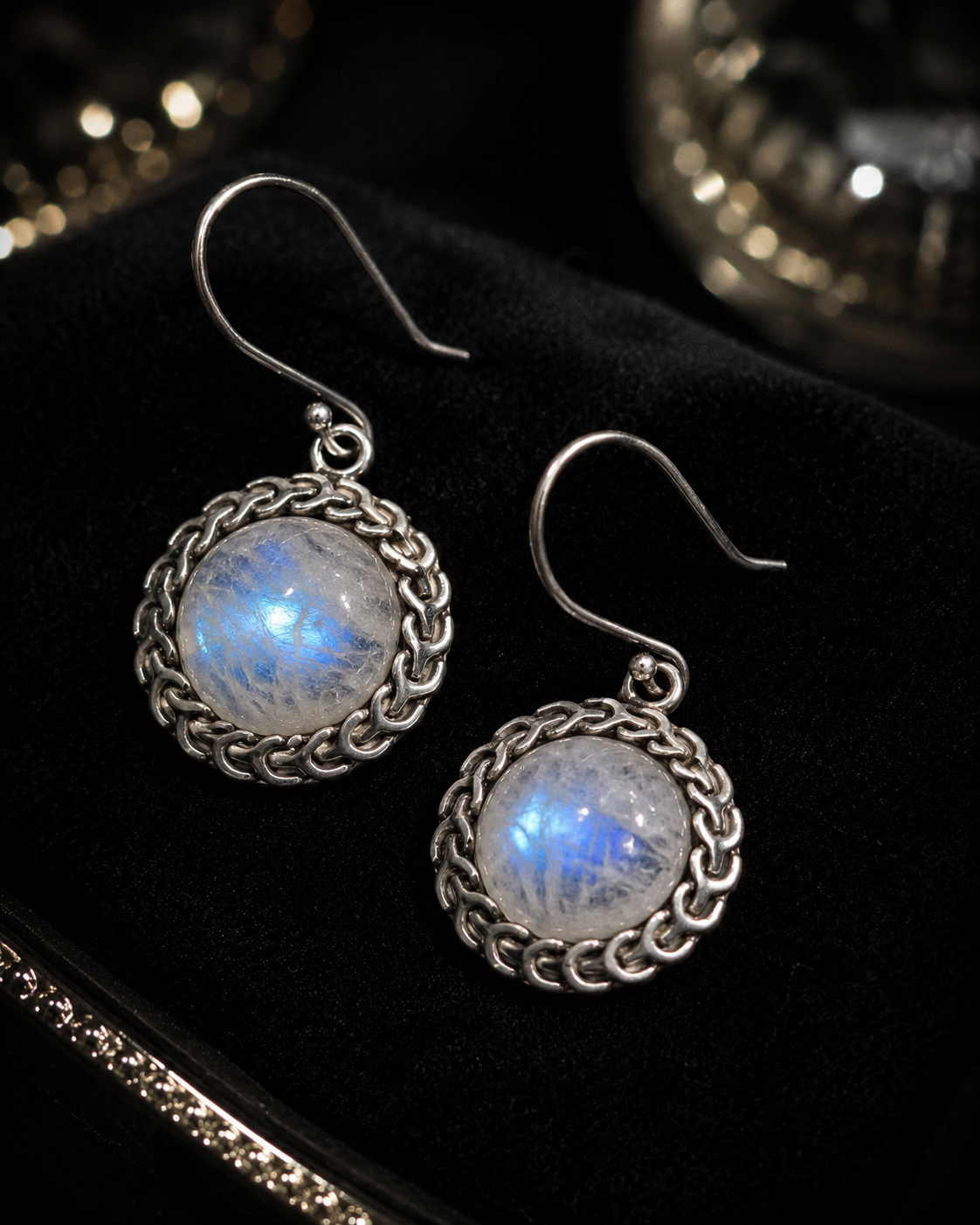 Moonstone Silver Earrings with Engraved Detailing