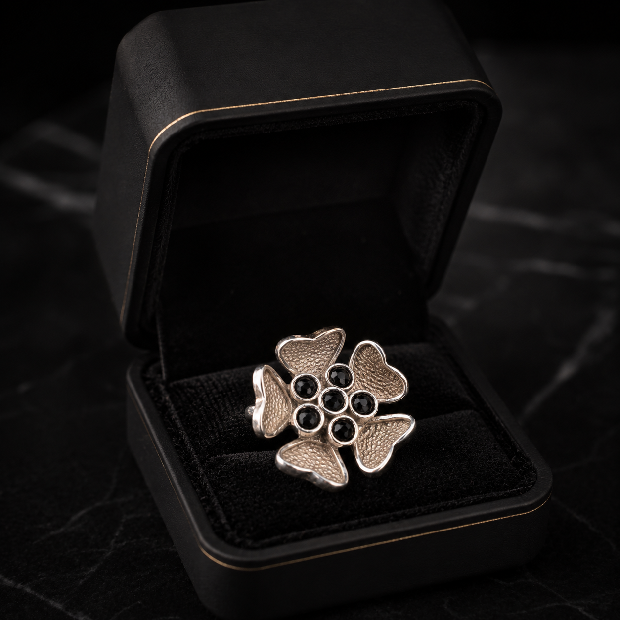 Black Onyx & Silver Leaf Ring — Handcrafted