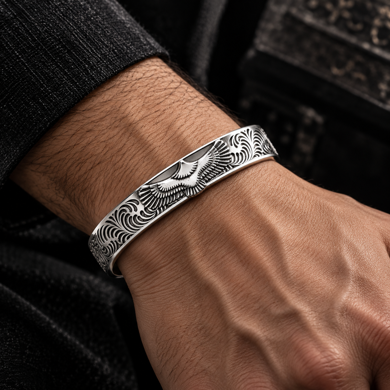 Silver Bangle with Eagle Engraving