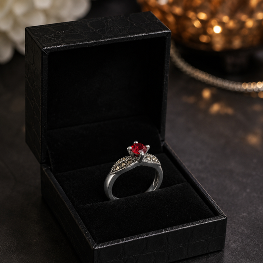 Red Garnet Crown Ring in Silver & Marcasite