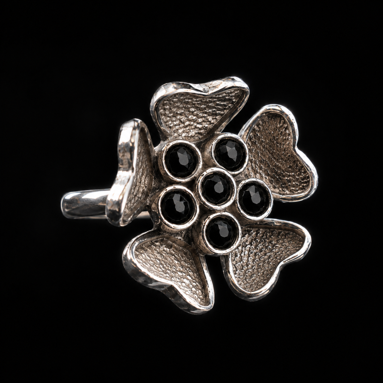 Black Onyx & Silver Leaf Ring — Handcrafted