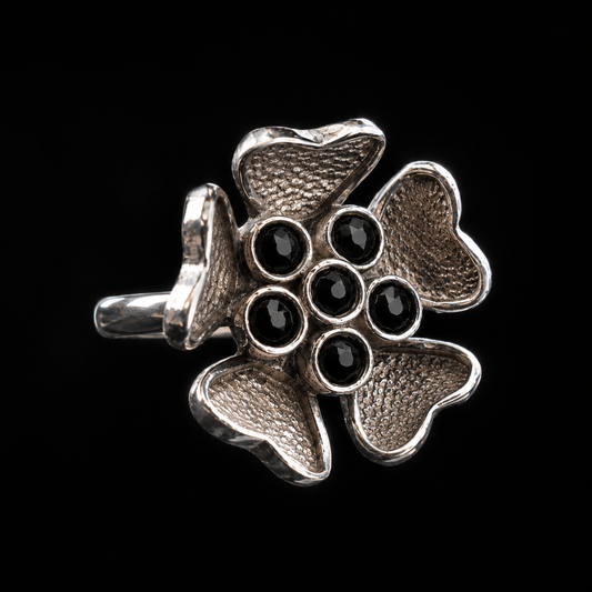 Black Onyx & Silver Leaf Ring — Handcrafted