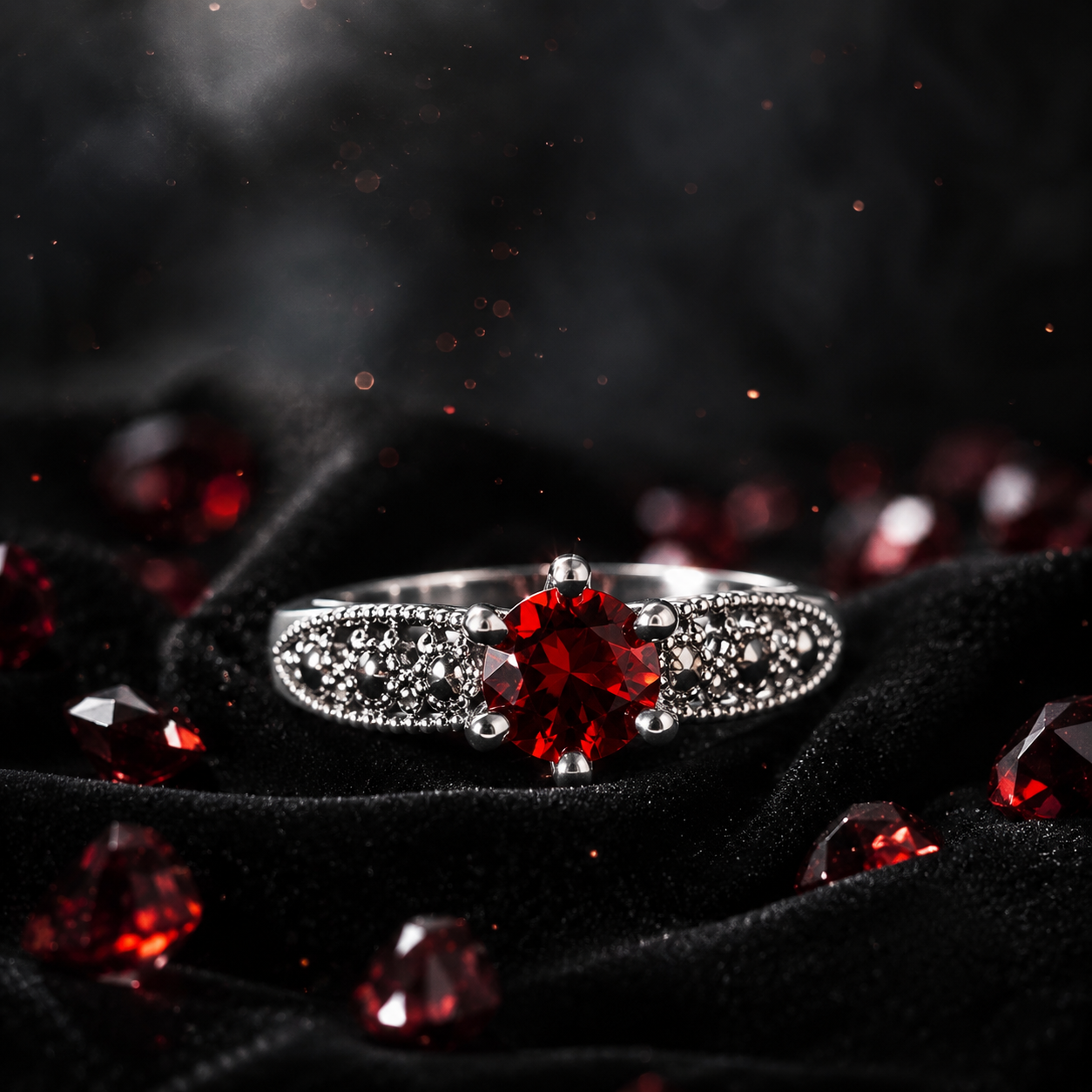 Red Garnet Crown Ring in Silver & Marcasite