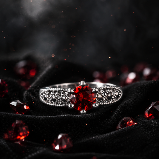 Red Garnet Crown Ring in Silver & Marcasite
