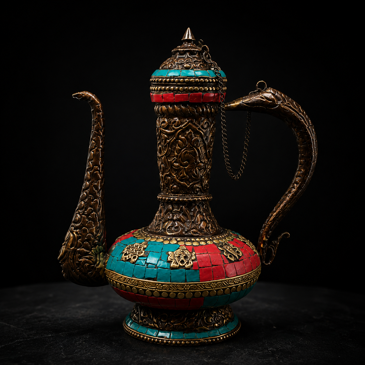 Tibetan Turquoise & Coral Ceremonial Ewer in Bronze