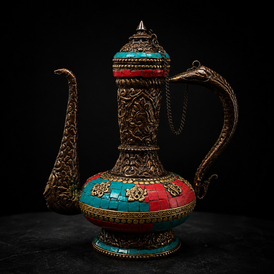 Tibetan Turquoise & Coral Ceremonial Ewer in Bronze