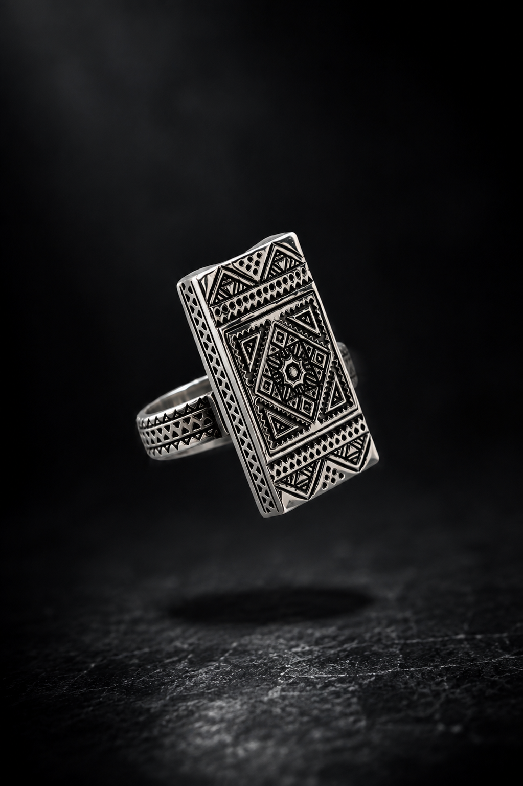 Silver Rectangle Ring with Tribal Engraving