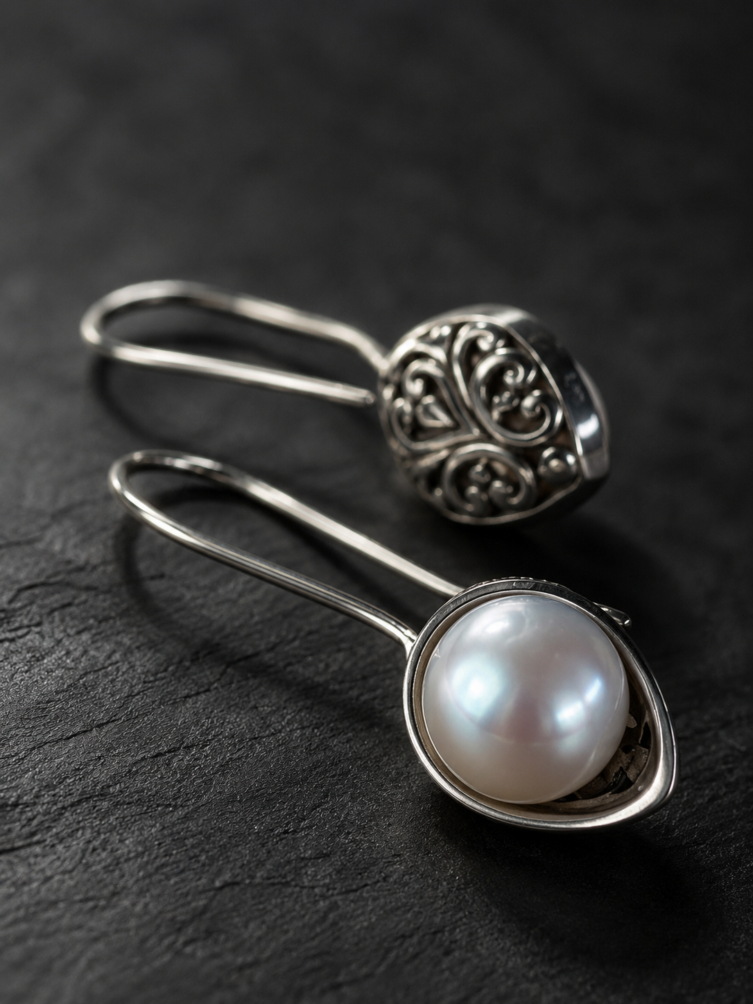 Pearl & Silver Filigree Drop Earrings