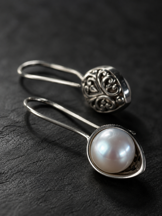 Pearl & Silver Filigree Drop Earrings