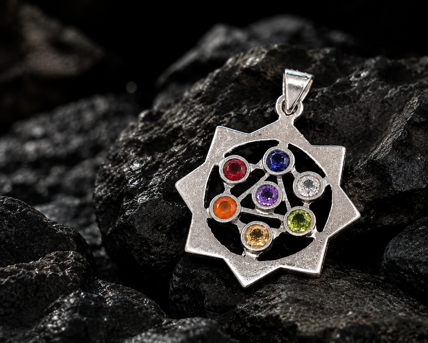 7 Chakras Silver Pendant with Seven Gemstones