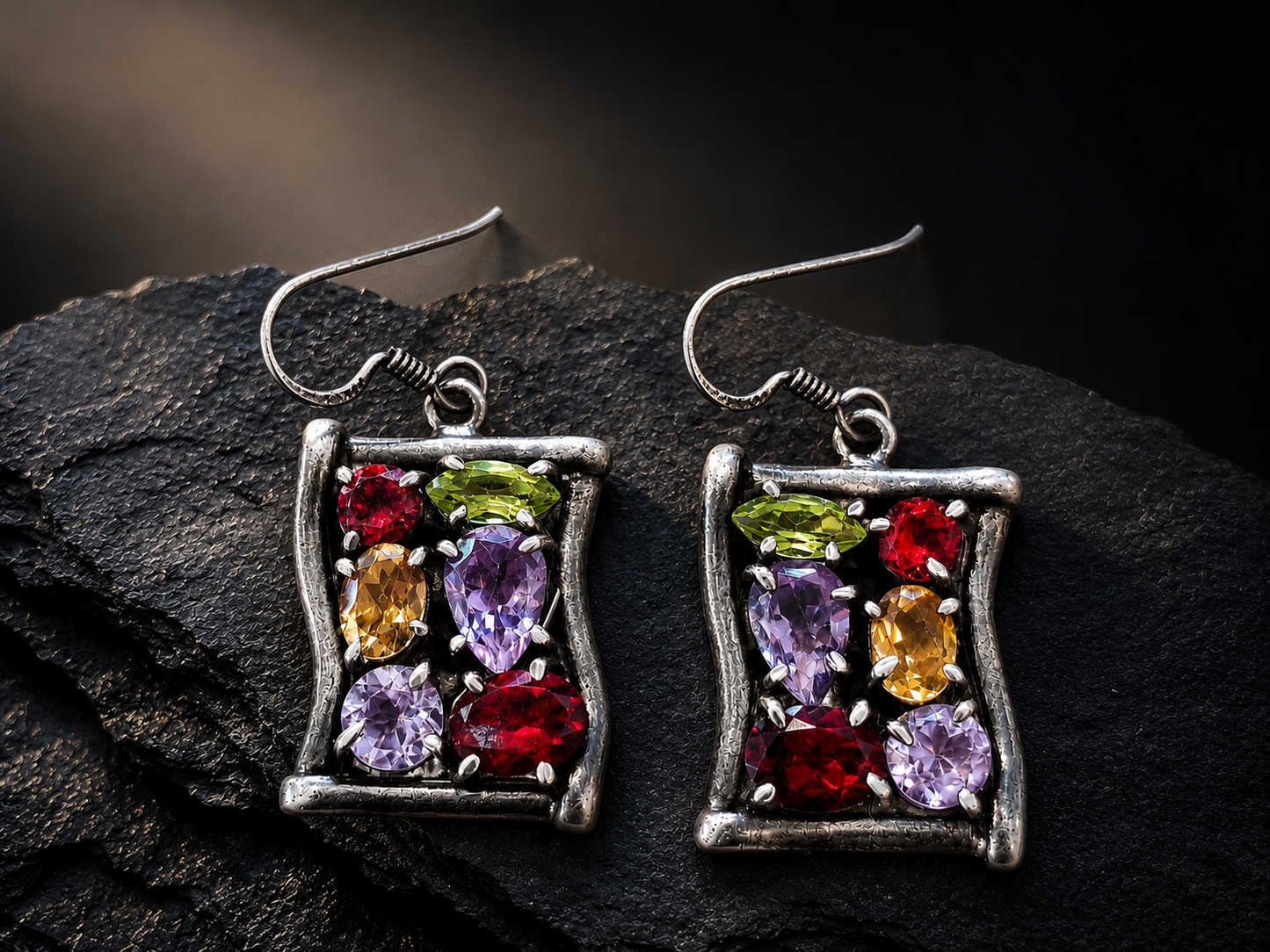 Multi-Gemstone Silver Earrings — Amethyst, Peridot, Garnet & Yellow Topaz