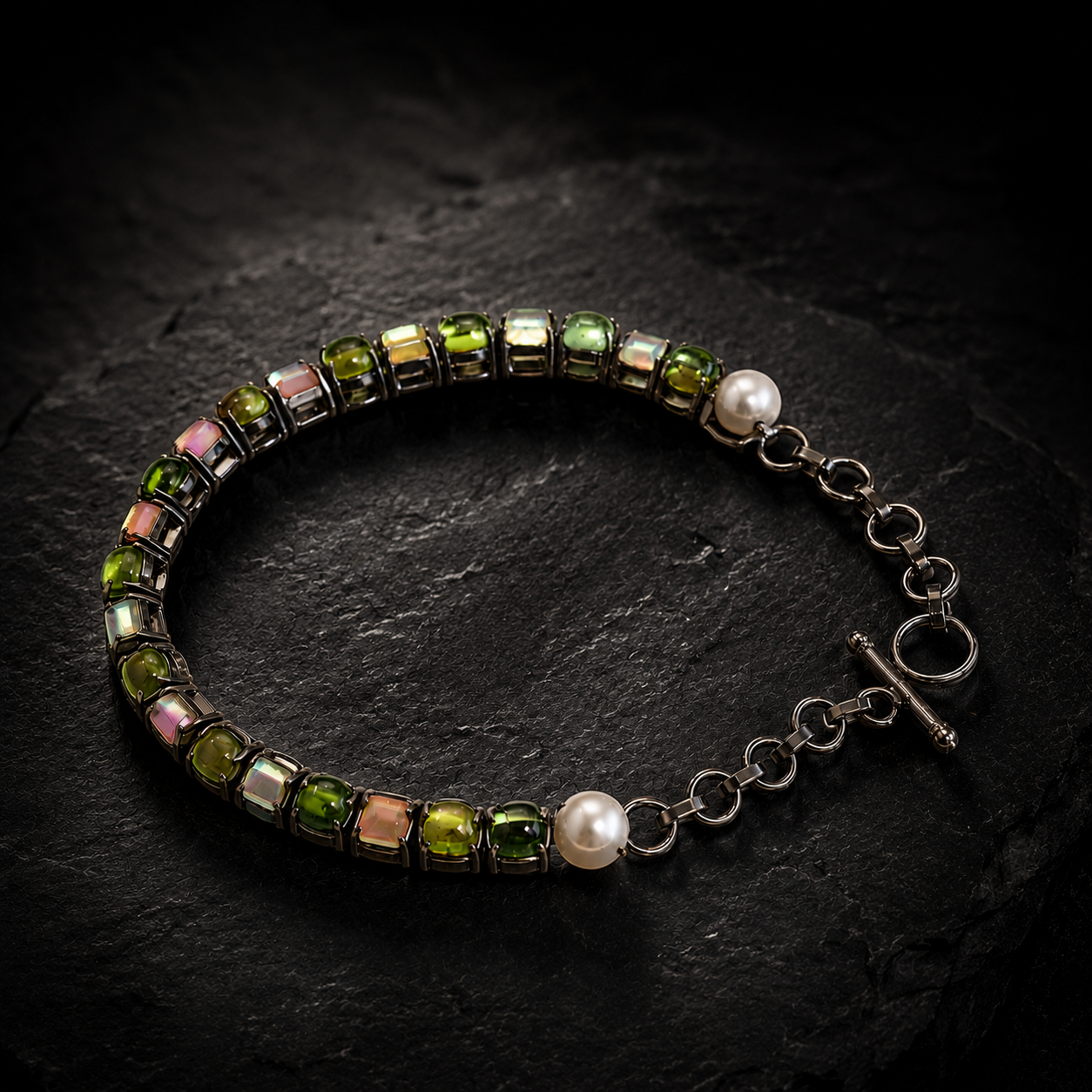 Silver Black Rhodium Fire Opal & Pearl Tennis Bracelet