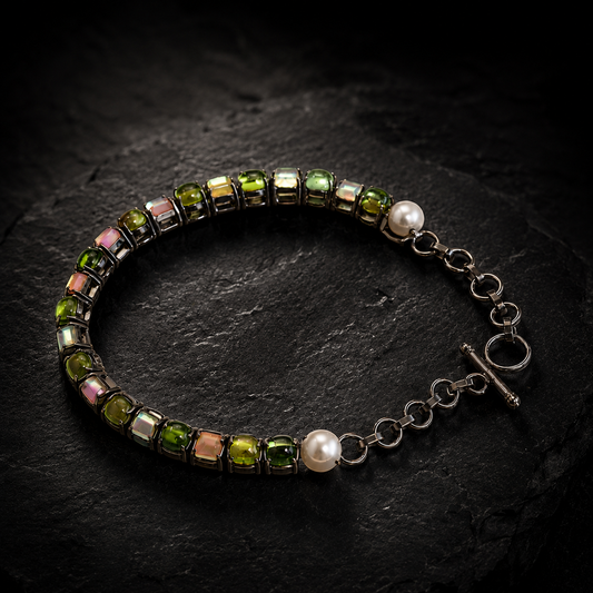 Silver Black Rhodium Fire Opal & Pearl Tennis Bracelet