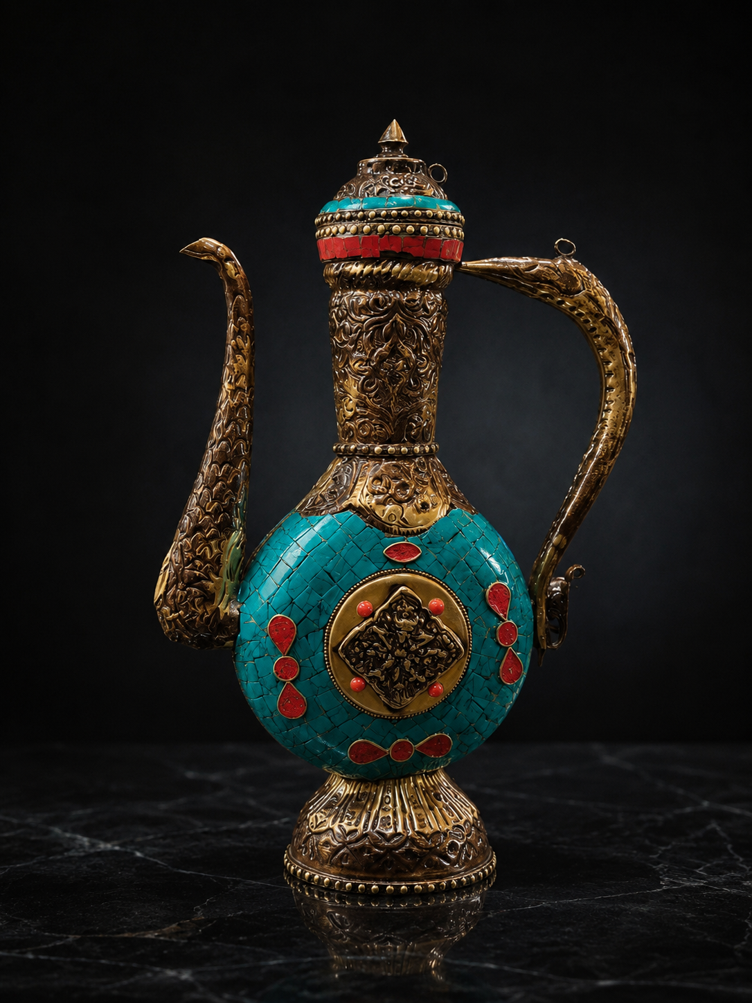 Tibetan Turquoise & Coral Ceremonial Ewer in Bronze