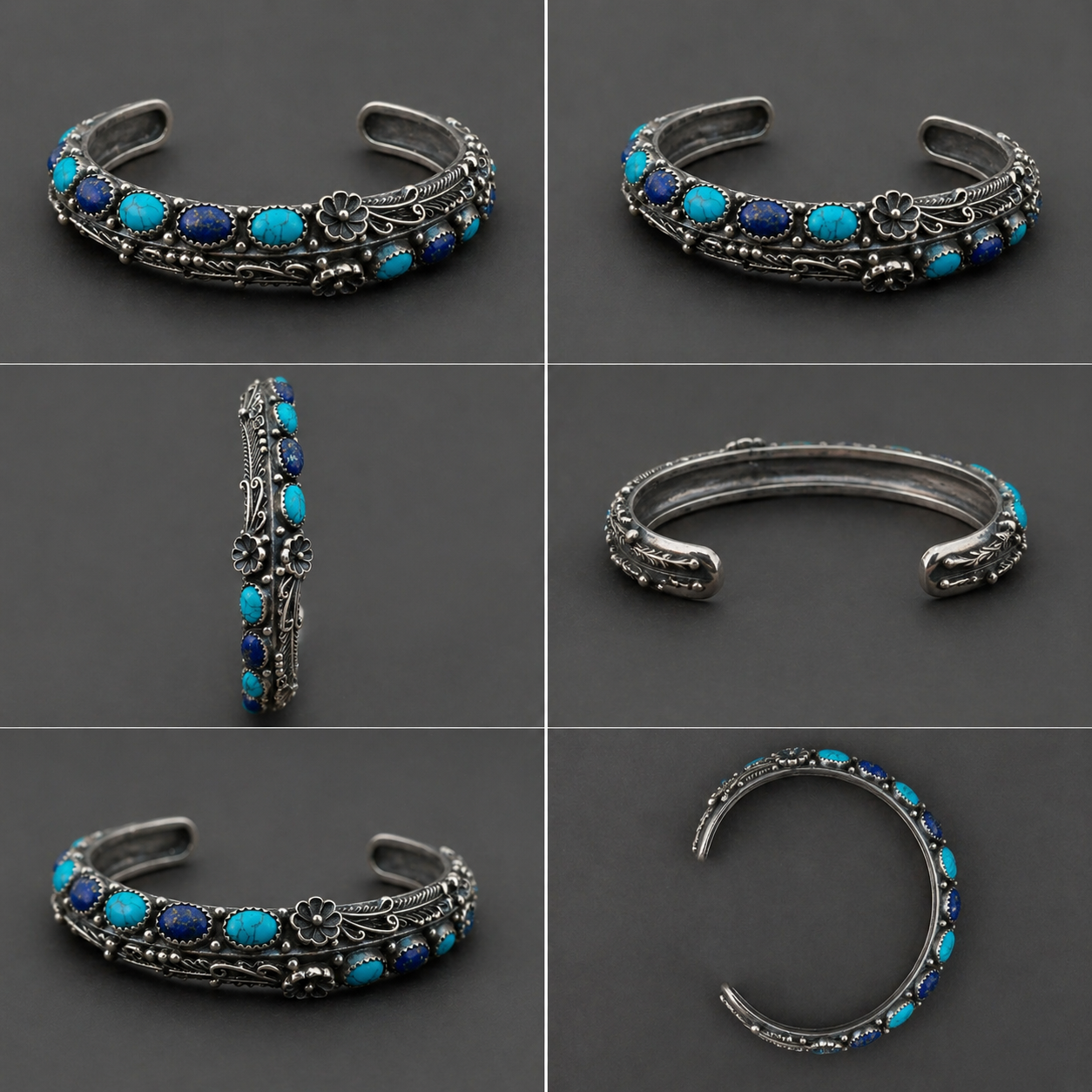 Exquisiter oxidierter Silberarmreif mit Lapislazuli & Türkis