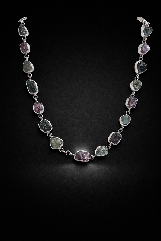 Handmade 92.5 Silver Watermelon Tourmaline Necklace with Rough Stones