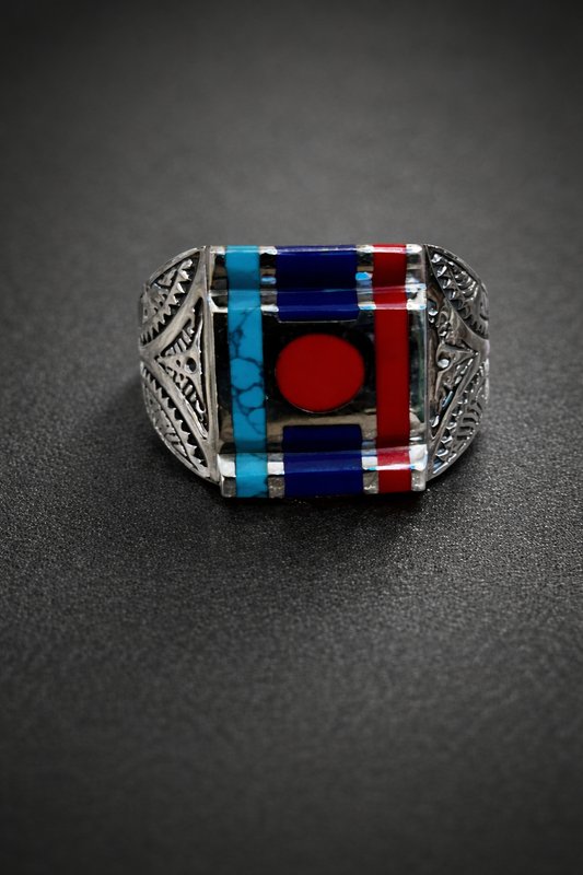 Columbian & Tibetan Fusion Ring - 92.5 Silver with Coral, Turquoise, and Lapis Lazuli